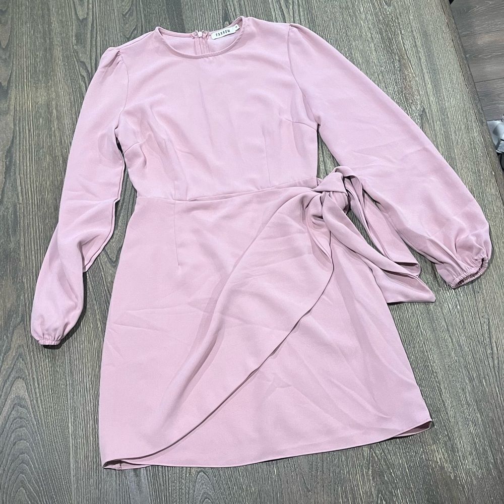 Farrow Skater Dress Long Sleeves Tie Side Knee Length Crew Neck Pink Small